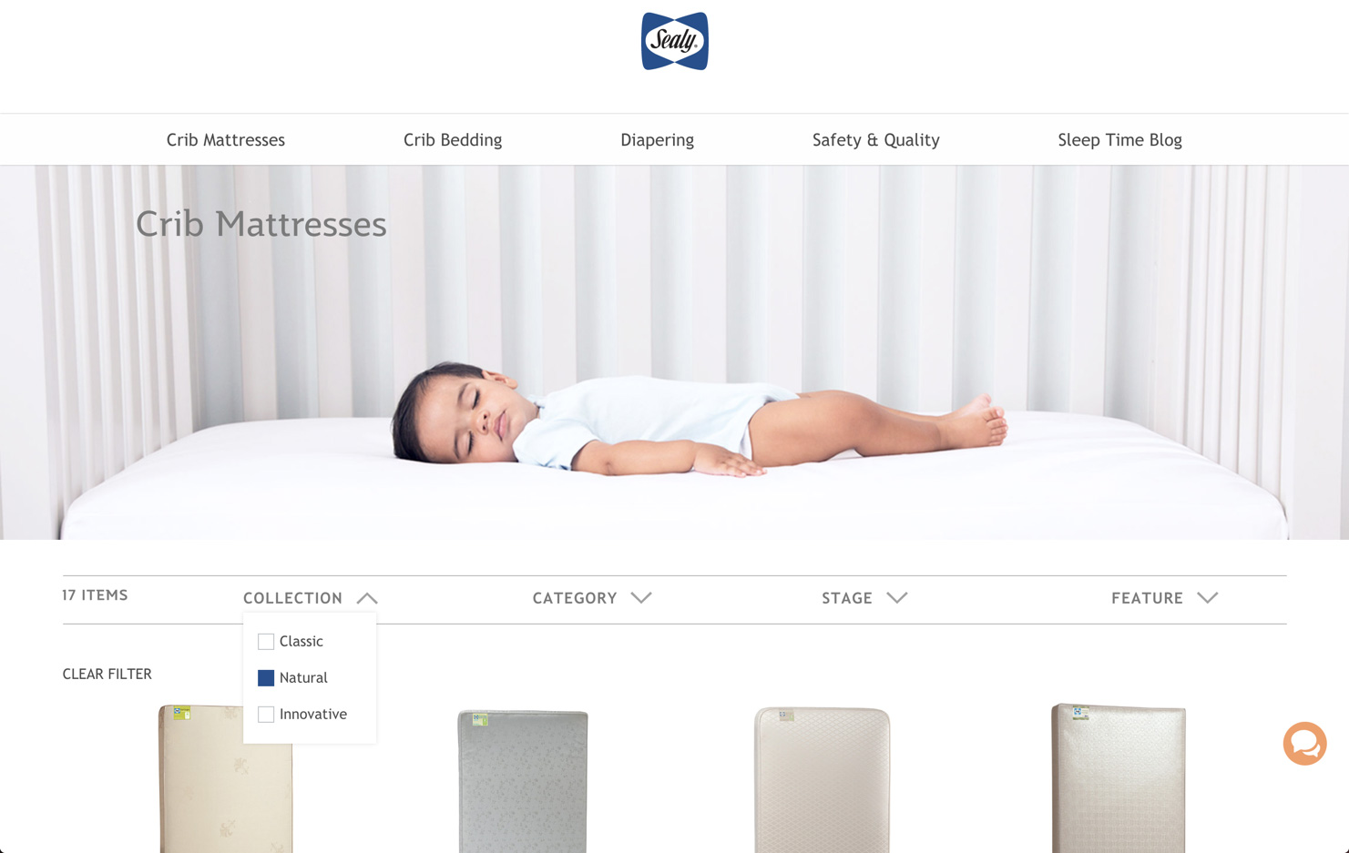 screen grab of Sealy Baby mattress collections page